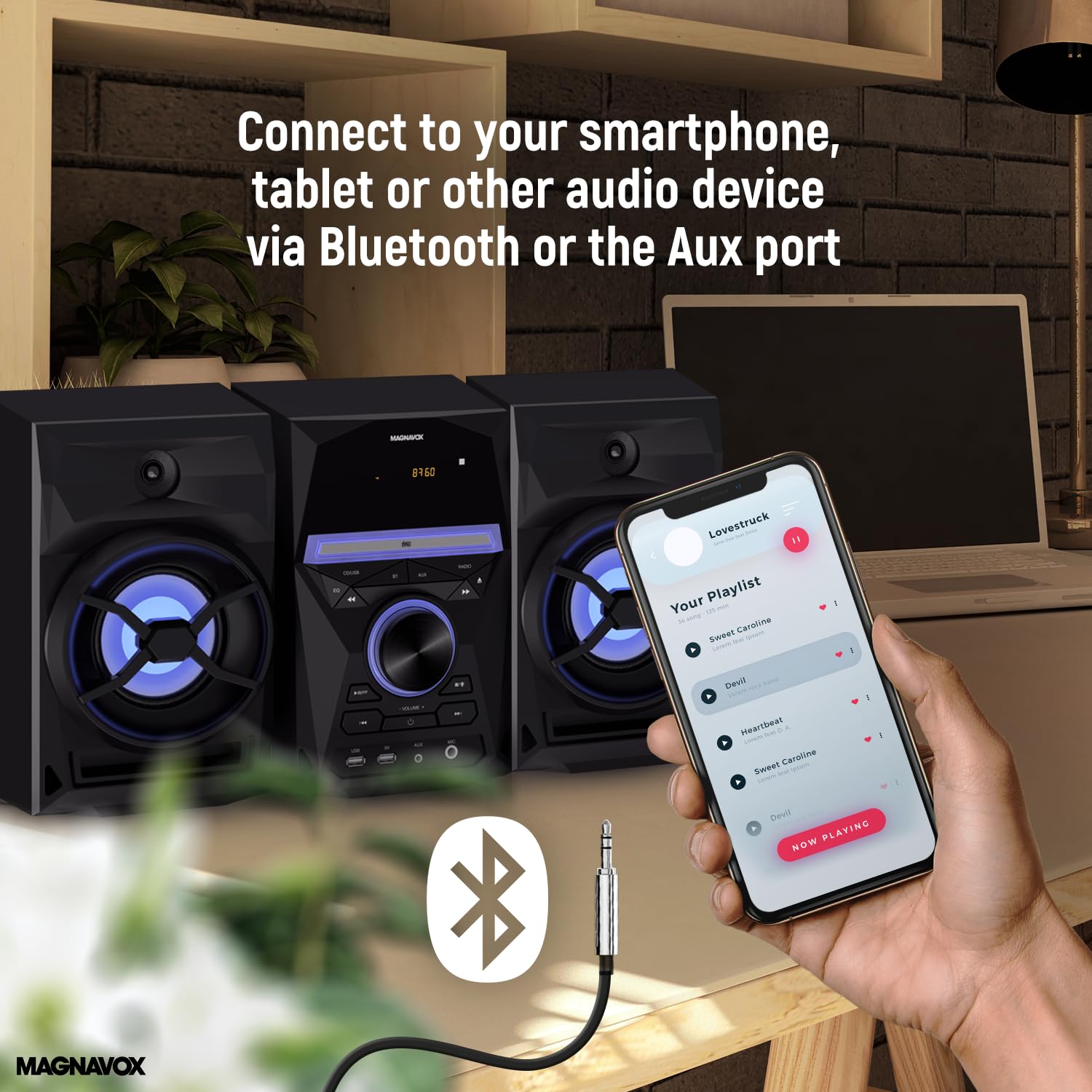 Magnavox 3-Piece CD Shelf System with Bluetooth, FM Radio, Remote Control, Colored Speaker Lights, LED Display, AUX Port - Black