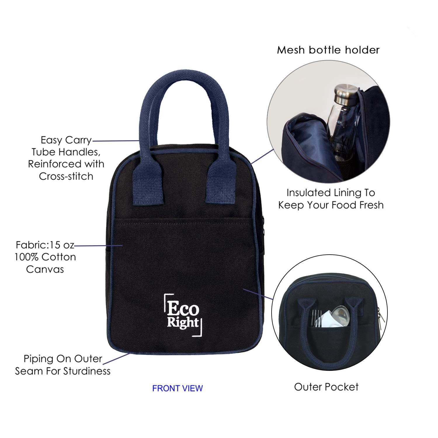 Eco Right Large Canvas Tote Bag for Women, Zipper Handbag with Inner Pocket + Insulated Lunch Bag for Women & Men, Tiffin Bag with Bottle Holder & Pocket – Combo for Office & Daily Use 4