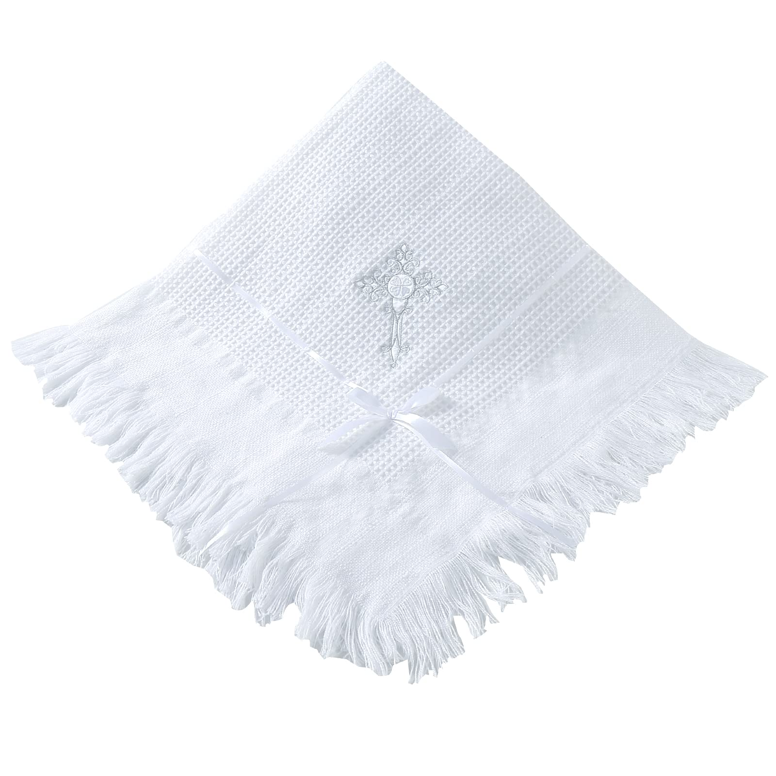 Booulfi Baby Blanket for Newborn Waffle Cellular Blankets Baby Shawl Tassel Ribbon Silver Cross Embriodery Christening White Blanket Newborn Essentials,Size 45.5x45.5 โ image 1