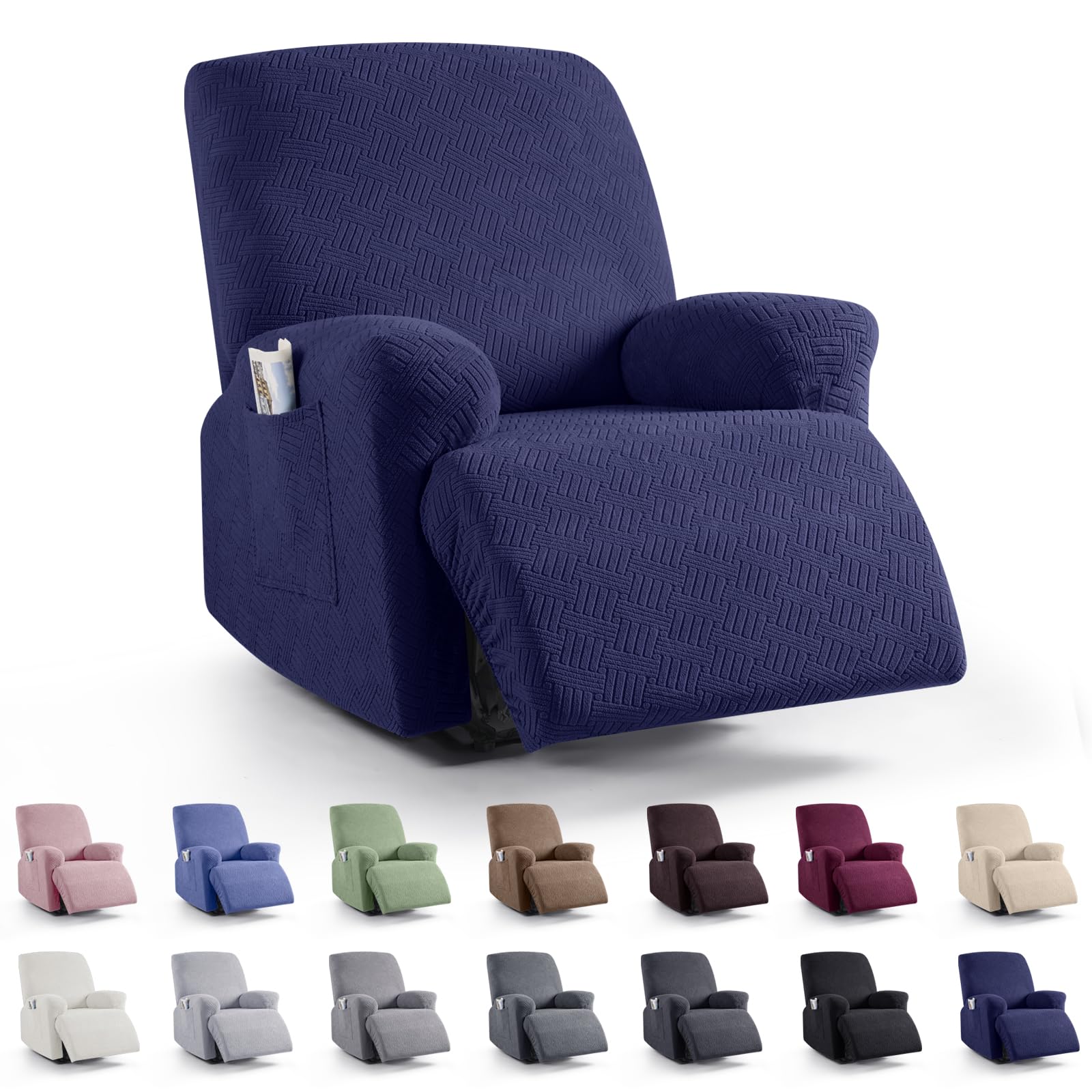 Photo 1 of KinCam Recliner Covers, Stretch Reclining Chair Covers, Recliner Sofa Slipcovers Stripe Jacquard Recliner Couch Covers Furniture Protector Covers (1 XL Seater, Dark Blue)