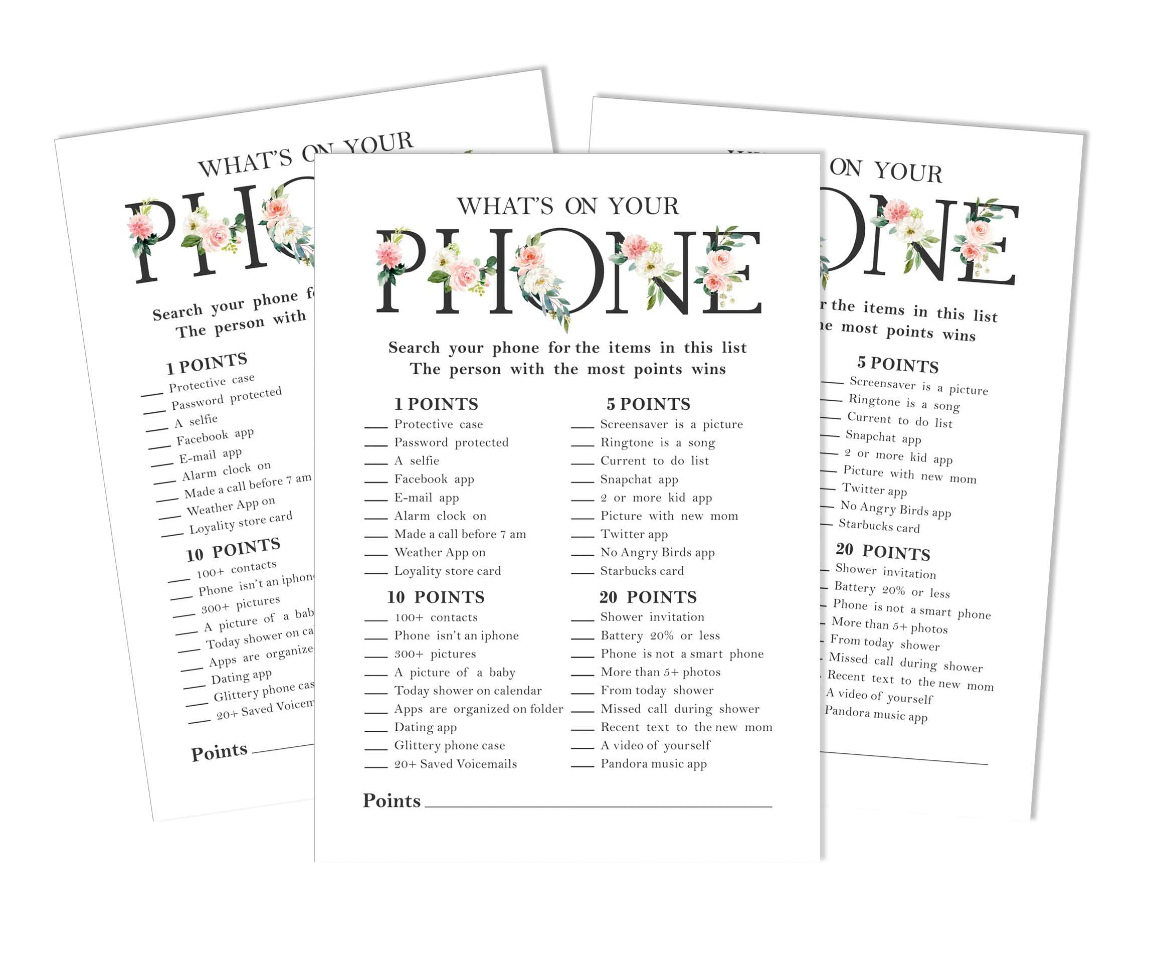 Inkdotpot 50 Sheets What's In Your Phone Baby Shower Game Cards Activity Cards Party Idea Gender Neutral Baby Shower Party Supply