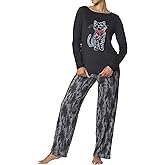 HUE Women’s Brushed Loose Knit Holiday & Winter 2 Piece Pajama Gift Set – Includes Soft PJ Top & Printed PJ Pant