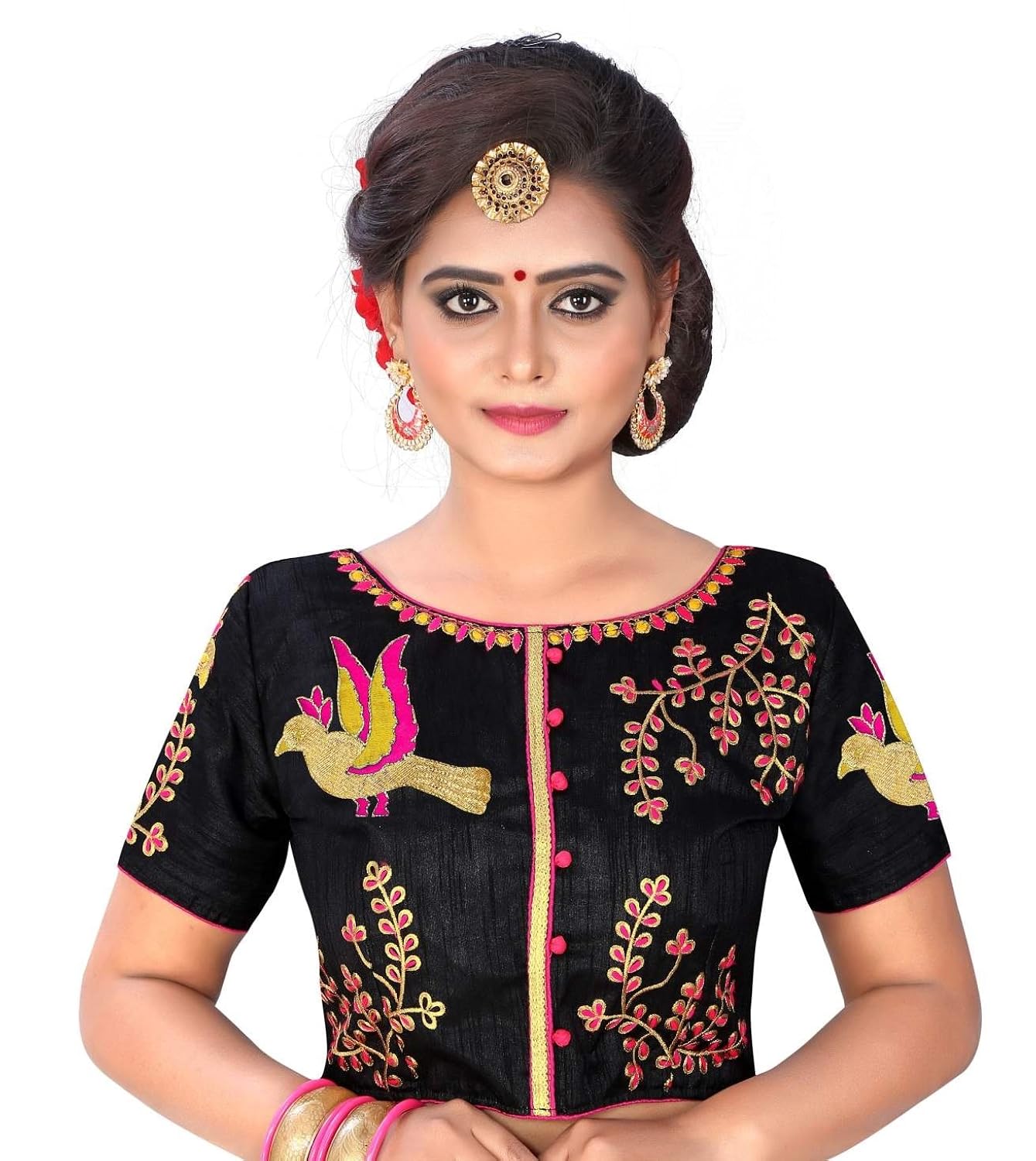 kuvarba fashion women's banglori silk stiched readymade free size saree blouse with thread embroidery and boat neck.
