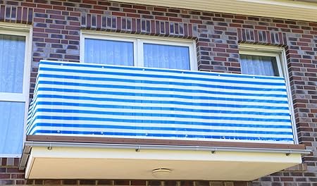 S&D Smart Deko 900x90cm Blau Weiß Streifen Balkonsichtschutz, Balkonverkleidung, Windschutz, Sichtschutz und UV-Schutz für Ba