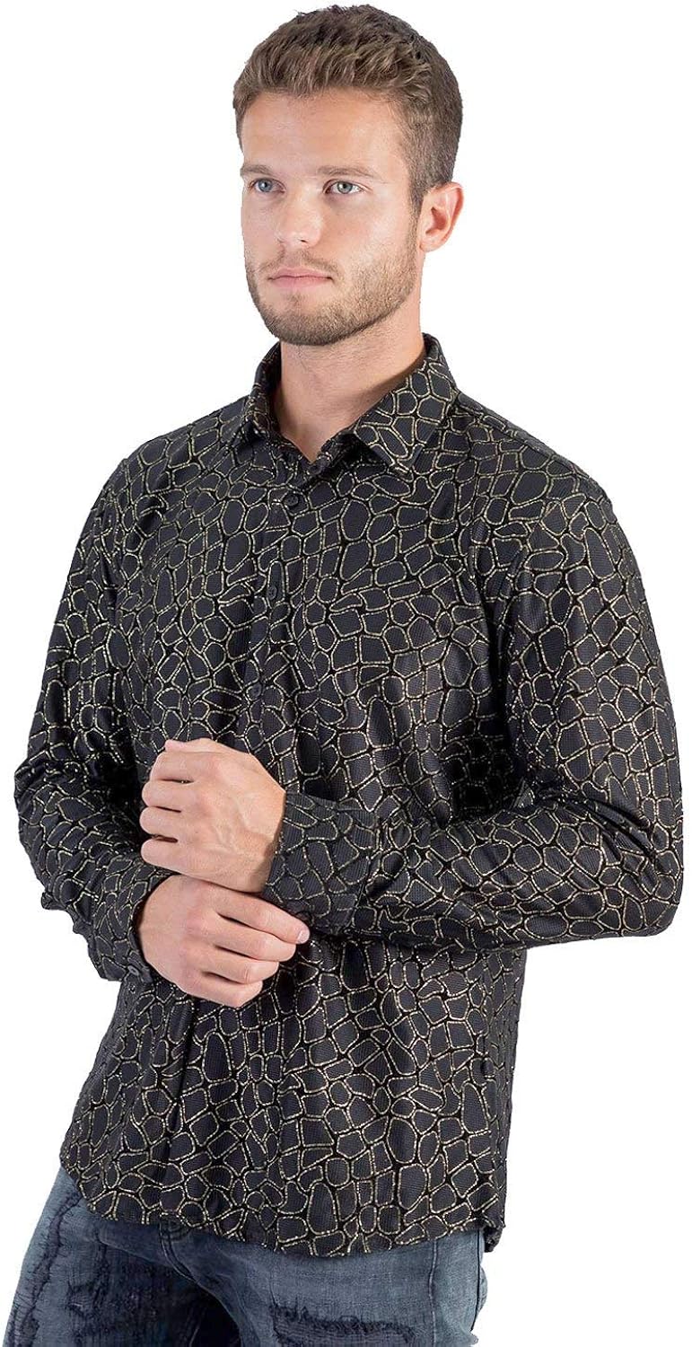 Barabas Men Button Down Unique Print Shirt Black and Gold B294BLKGLD Clothing