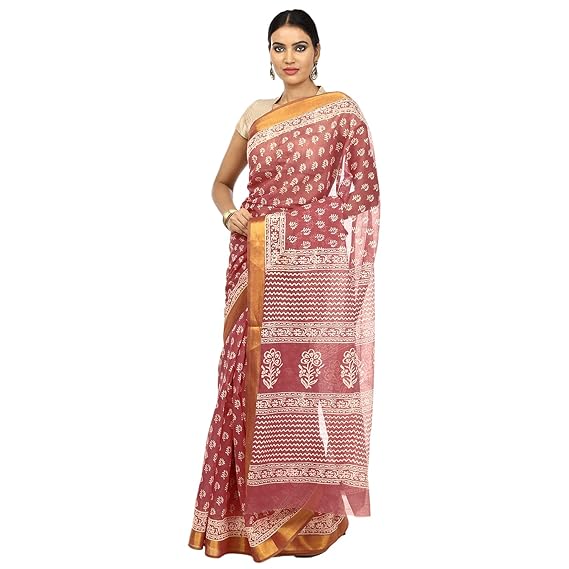 Finest Quality Cotton - Handmade Copper and White Booti with Golden Zari - Sanganeri Block Print Supernet Saree with Blouse Piece