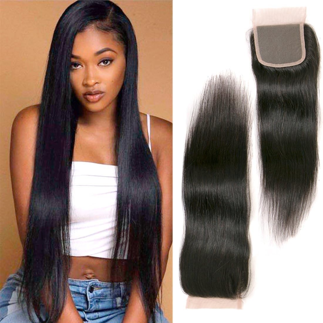 Brazilian Straight Hair 4 inch x 4 inch Lace Closure Free Part Pre plucked with Baby Hair 100% Human Hair Natural Color 10 inch