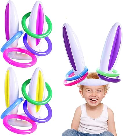 3 Pack Easter Inflatable Bunny Ring Toss Game Easter Rabbit Ears Ring Toss Party Games Inflatable Toys Gift for Kid Family School Party Favor Indoor Outdoor Toss Game (3 Set & 12 Rings)