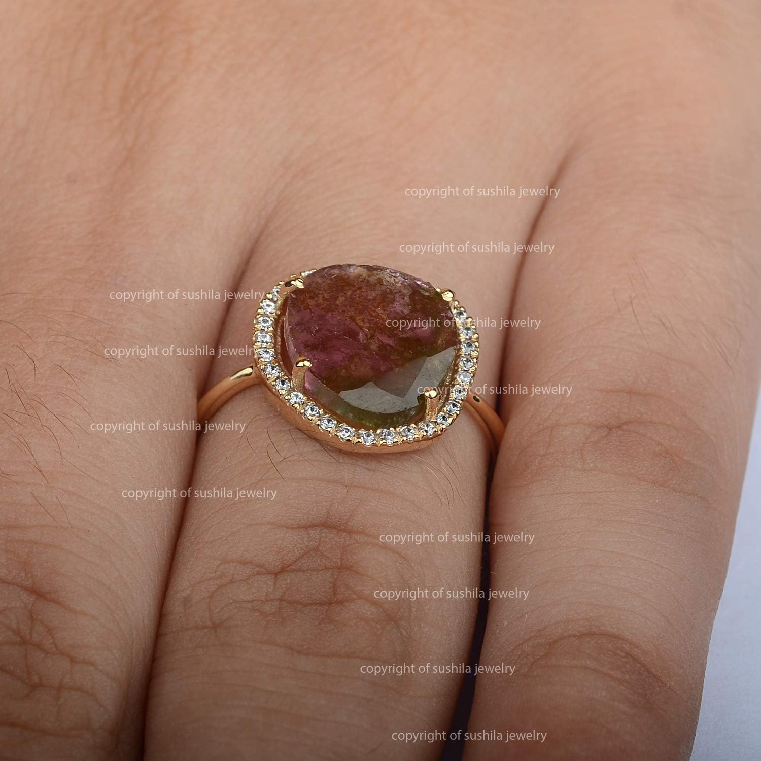 Genuine Watermelon Tourmaline & Diamond Engagement Band Ring 14K Solid Yellow Gold Handmade Minimalist Jewelry Gift