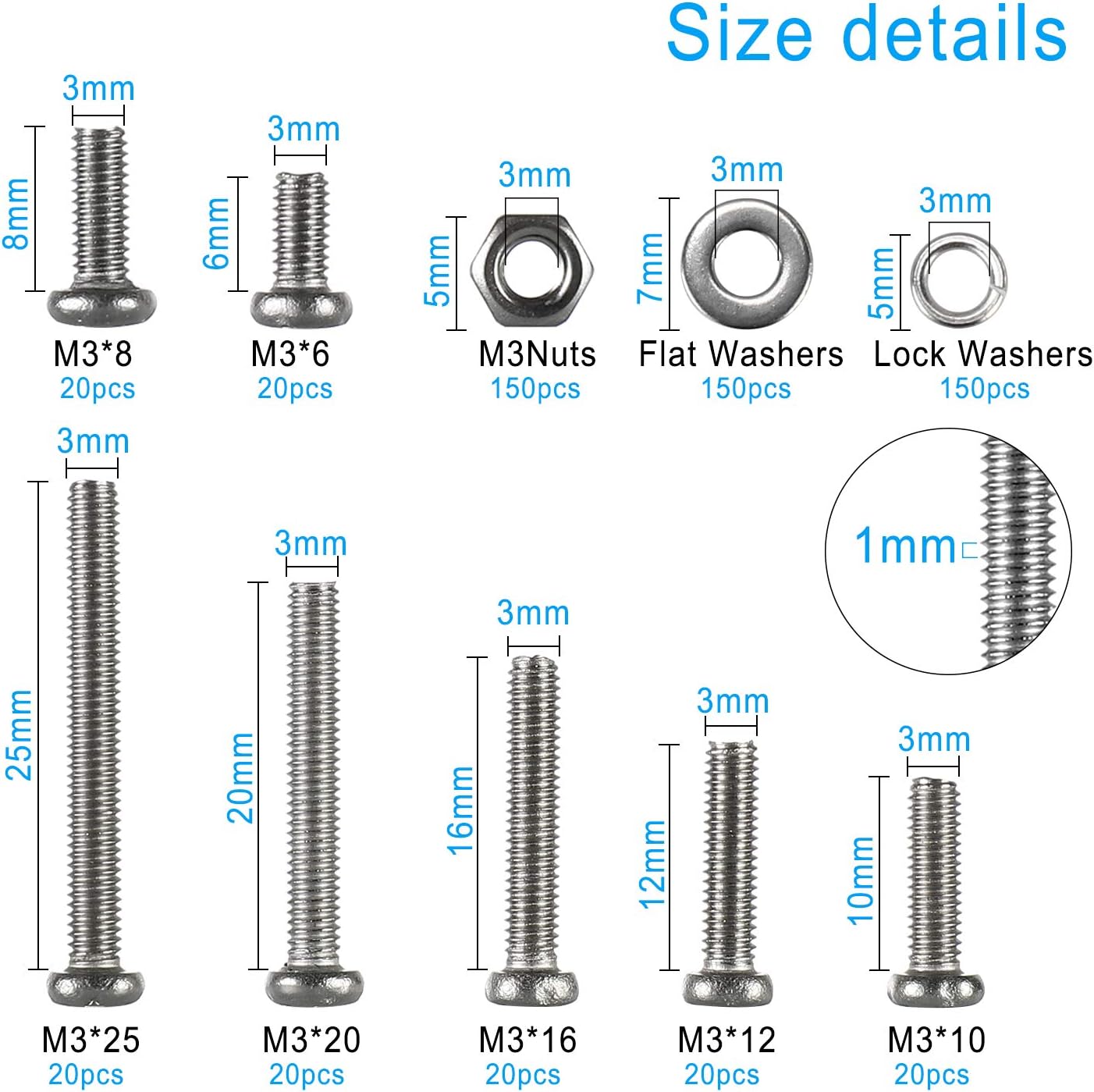 FandWay 600Pcs M3 Bolts and Nuts Set,Pan Head Machine Screws DIN 7985,Cross Round Head Screws,304 Stainless Steel Bolts and Washers Set Phillips Drive Fully Threaded With Storage Box - Image 5