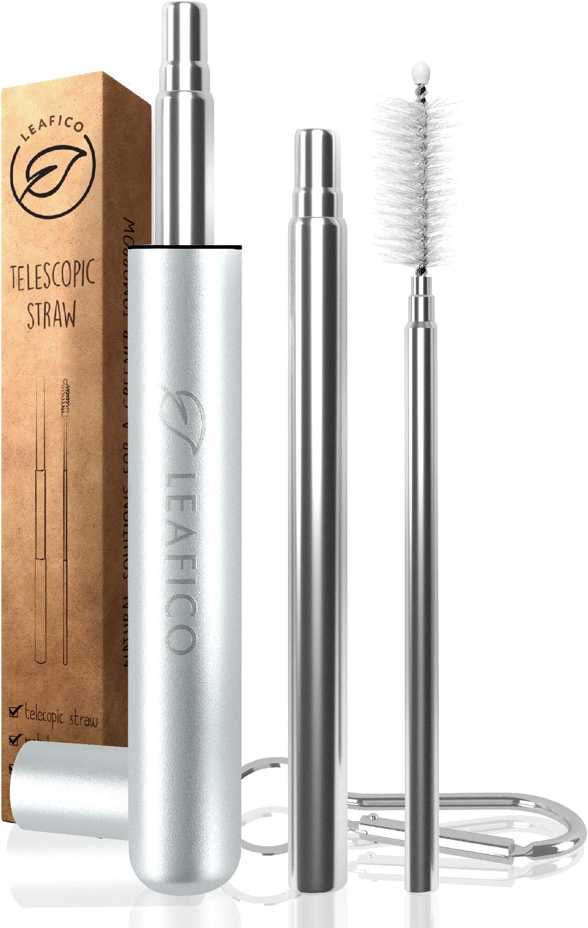 LEAFICO Collapsible Metal Drinking Straw - Reusable Stainless Steel Straws - Portable Telescopic Straw with Case & Cleaning Brush - Foldable Straw for Smoothie Cocktail - Eco Zero Waste Gift Ideas