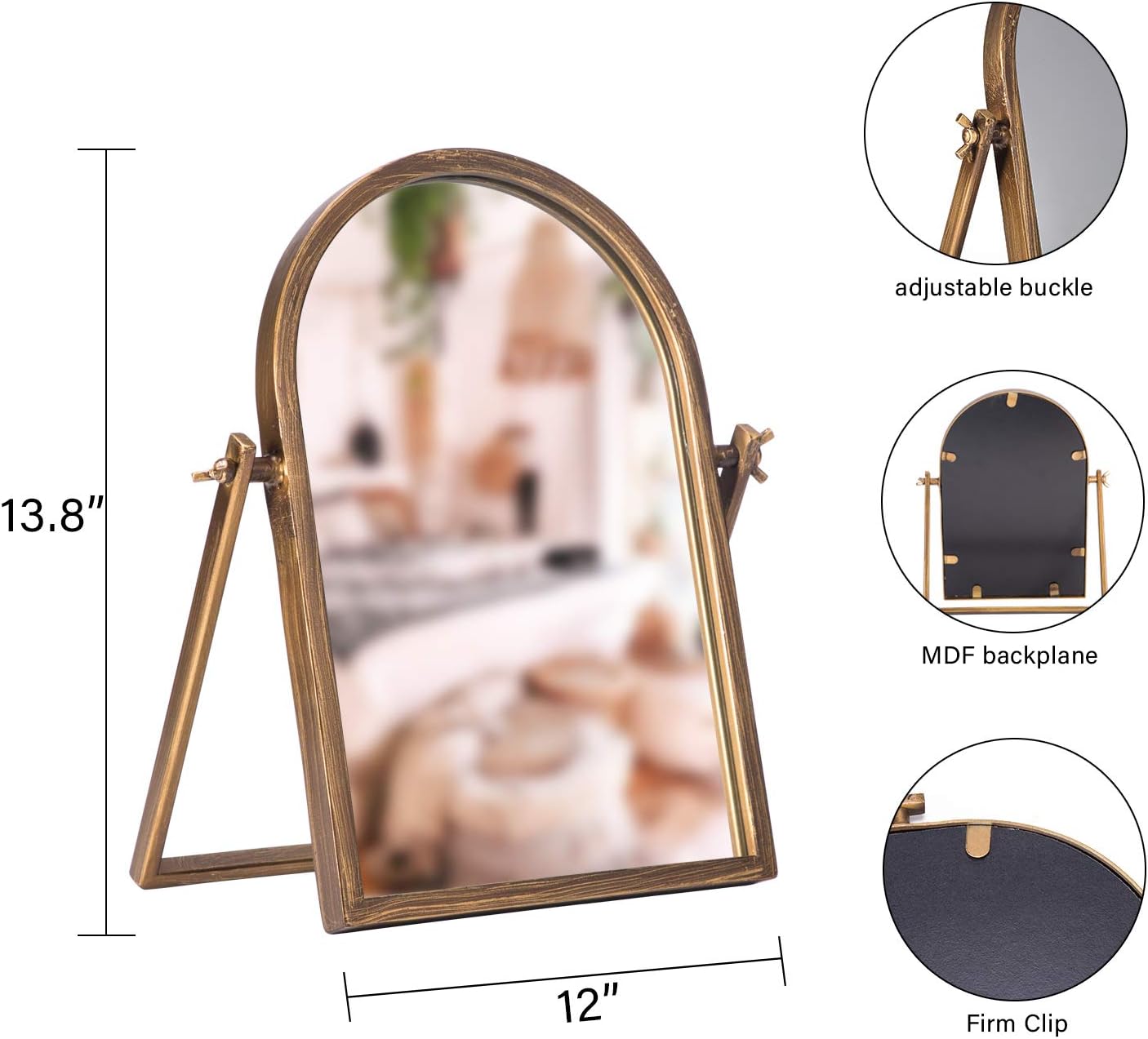Geloo Vintage Vanity Mirrors Decor - Desk Makeup Antique Mirrors 360 Adjustable Rotation,Golden Metal Framed 10" Small Standing Mirror, for Tabletop Decor, Office, Bedroom, Bathroom, Living Room: Furniture & Decor