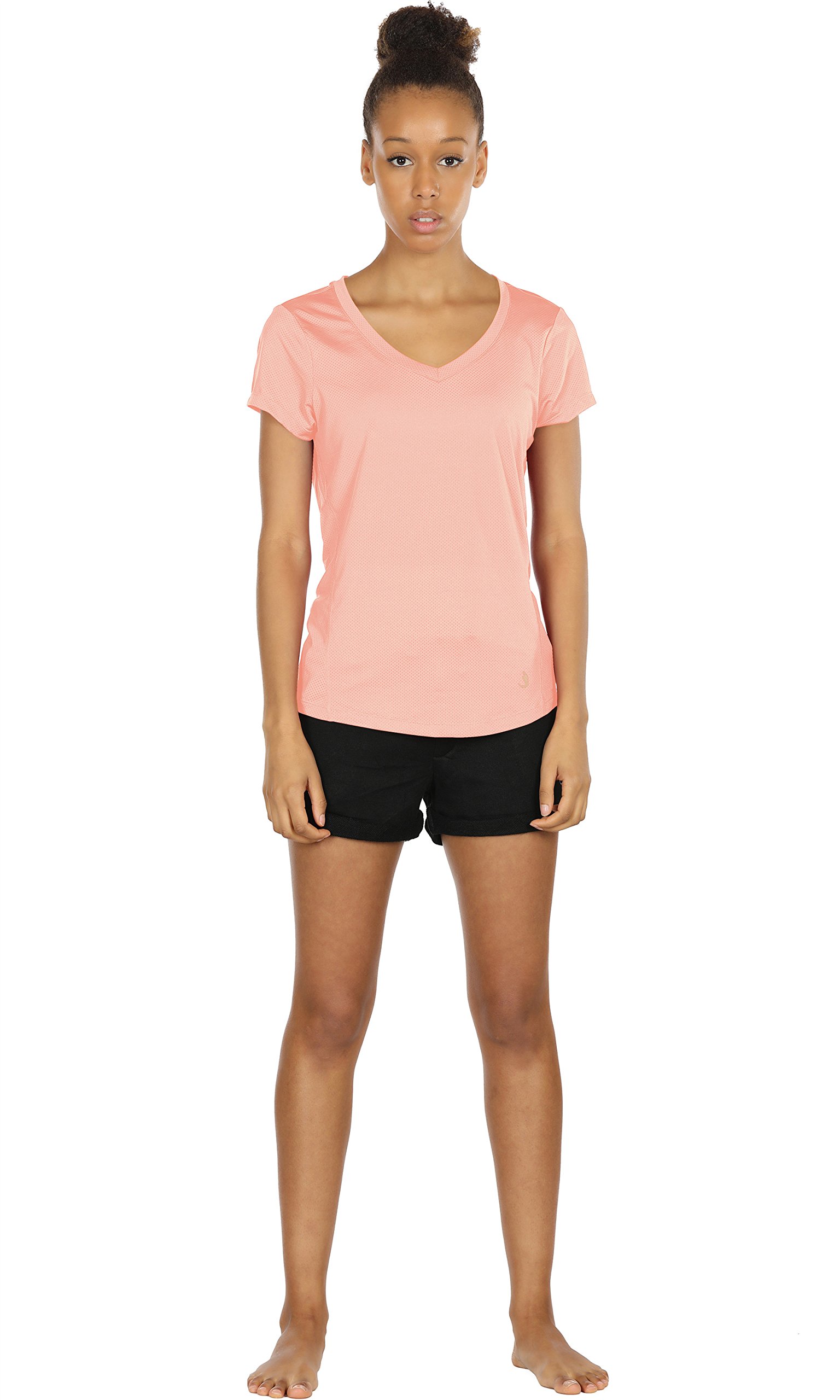 icyZone Activewear Fitness Yoga Tops Workout V Neck Open Back T-Shirts for Women (L, Pale Blush)