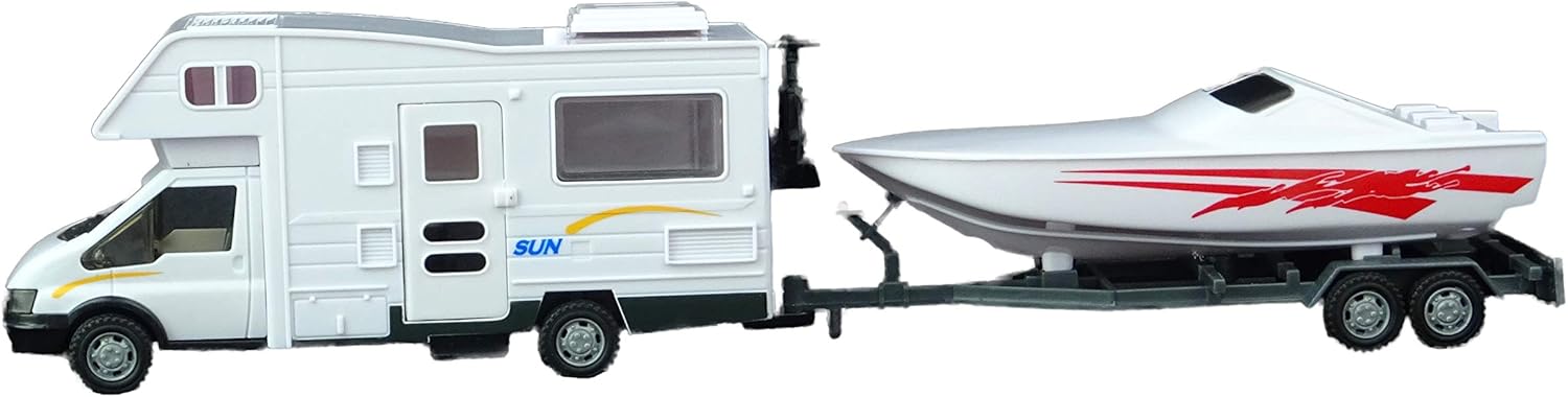 Toyland® Motorhome Trailer and Speed Boat Play Set for Kids, Detachable Trailer Vehicle Toy with 1:48 Scale