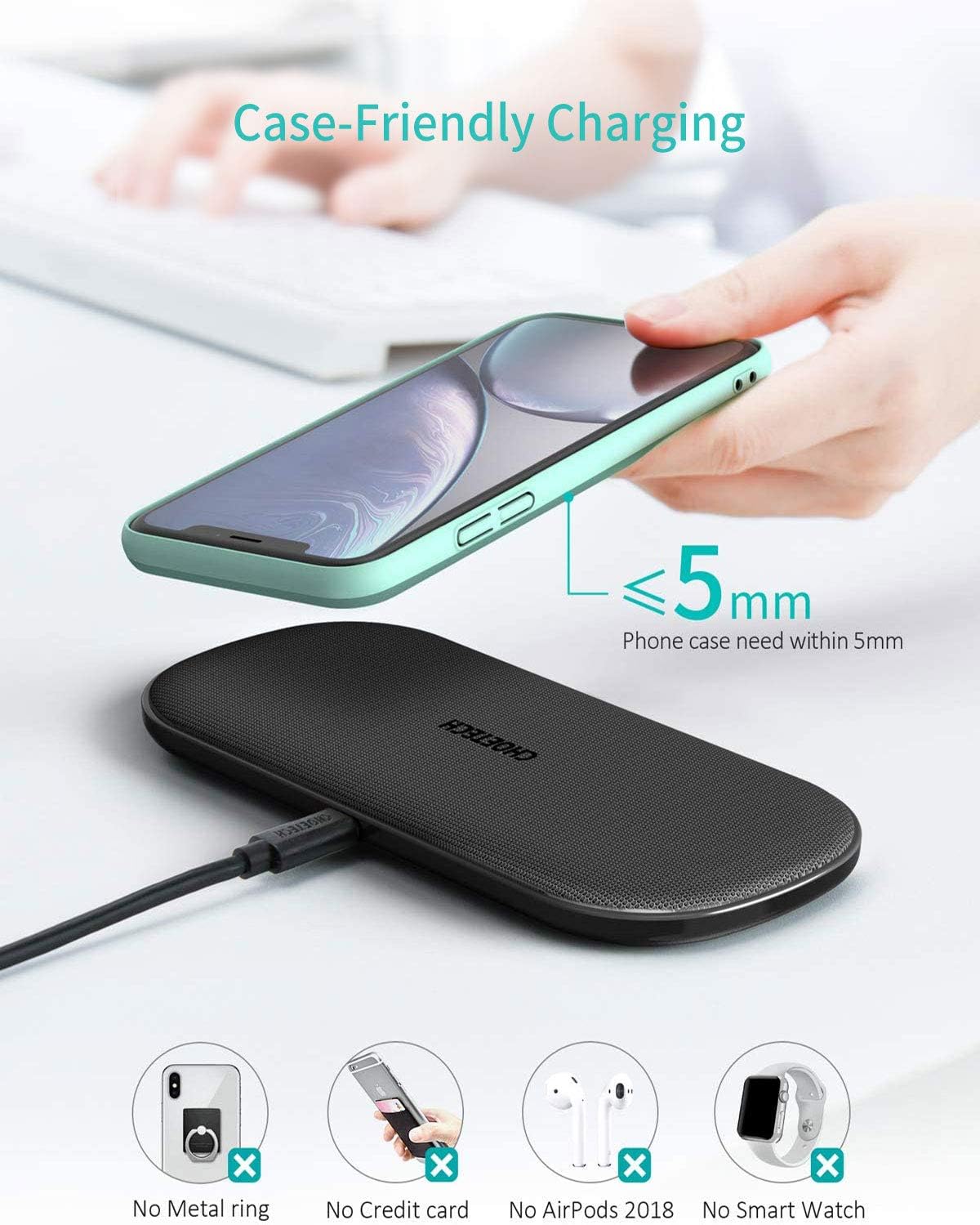 CHOETECH Dual Wireless Charger, 5 Coils Qi Certified Fast Wireless Charging Pad Compatible with iPhone 12/12 Pro/12 Pro Max/12 Mini/SE /11/11 Pro Max/XS, Galaxy S20/Note 10, AirPods Pro (With Adapter)