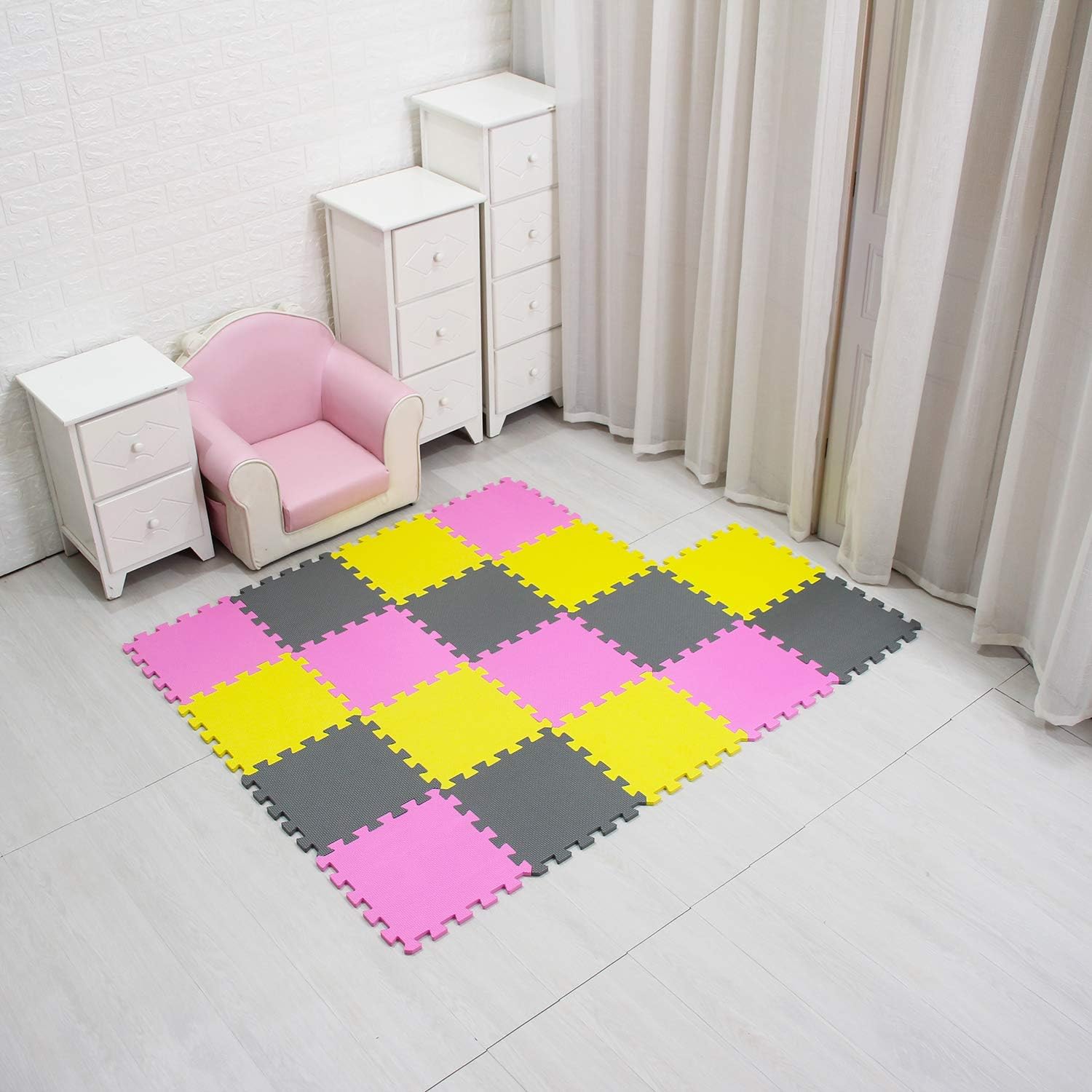 MQIAOHAM Children Puzzle mat Play mat Squares Play mat Tiles Baby mats for Floor Puzzle mat Soft Play mats Girl playmat Carpet Interlocking Foam Floor mats for Baby Pink Yellow Grey 103105112