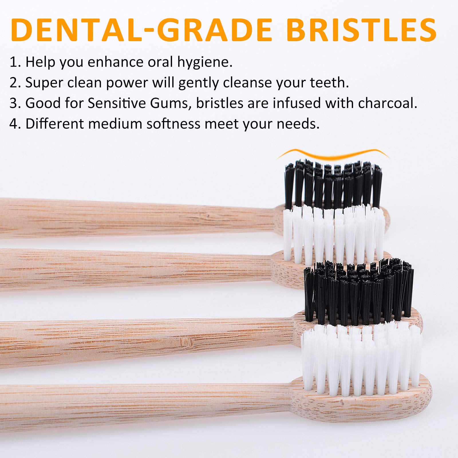 Bonviee Natrual Bamboo Toothbrush with Travel Holder Bamboo Charcoal Toothbrush Set Biodegradable Eco-Friendly with 2 Soft + 2 Hard Medium Charcoal Bristles Wooden Toothbrush for Adult Sensitive Gums