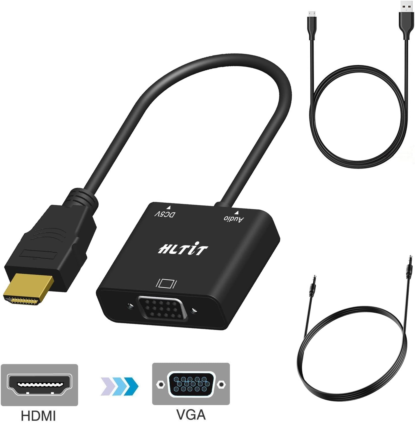 HDMI to VGA,HLTIT Gold-Plated HDMI to VGA Adapter (Male to Female) for Computer, Desktop, Laptop, PC, Monitor, Projector, HDTV, Chromebook, Raspberry Pi, Roku, Xbox and More - Black