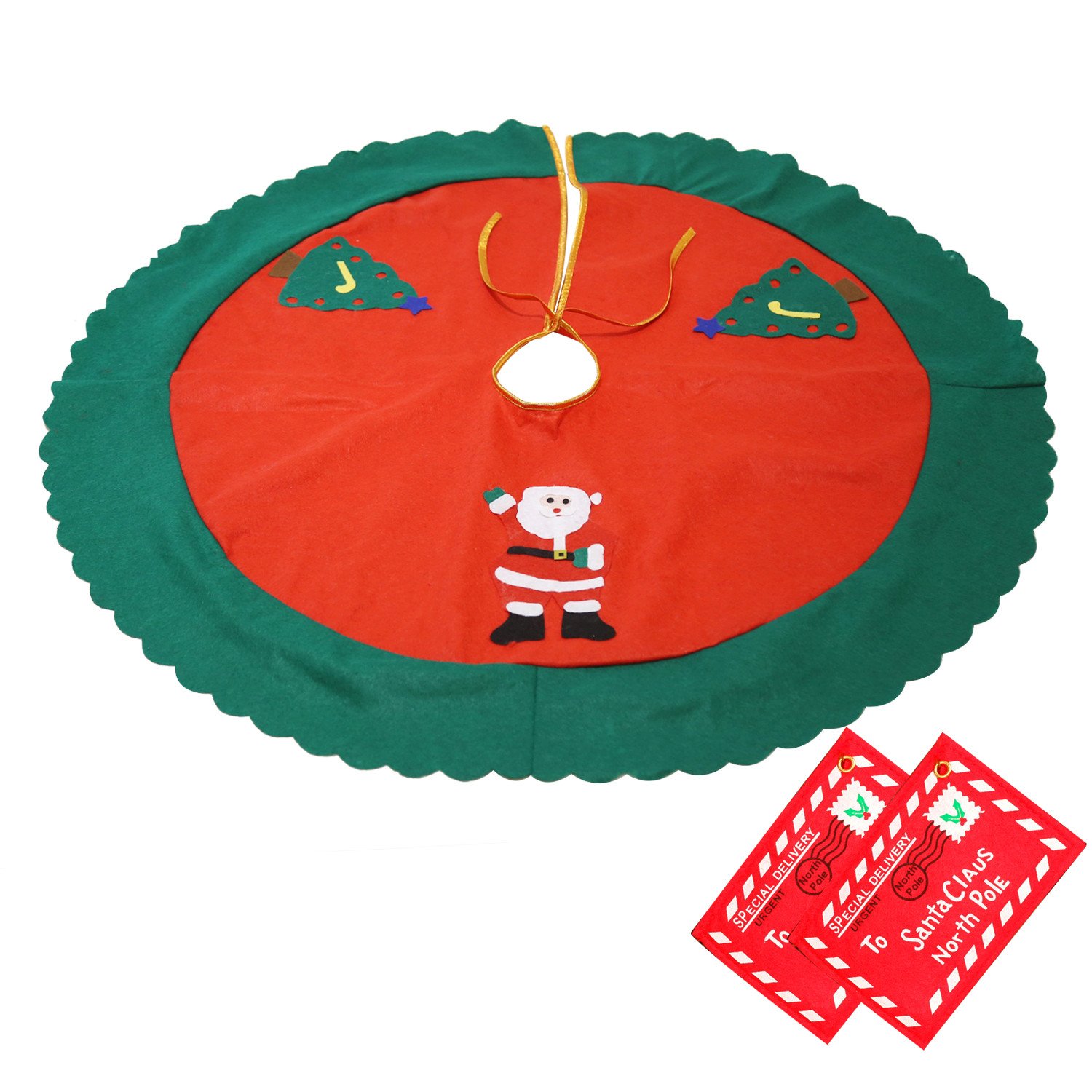 Christmas Xmas Tree Skirt, Plus Red Green Felt Fabric Tree Decor with Gold Trim 36 inches Large Festival Decoration for Merry Christmas Party Christmas Gift Giving & 2 Tree Pendant Ornaments