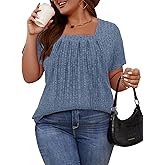 Tanst Sky Women's Plus Size Casual Tunic Tops Square Neck Short Sleeve Shirts Lightweight Pleated Blouses XL-5XL