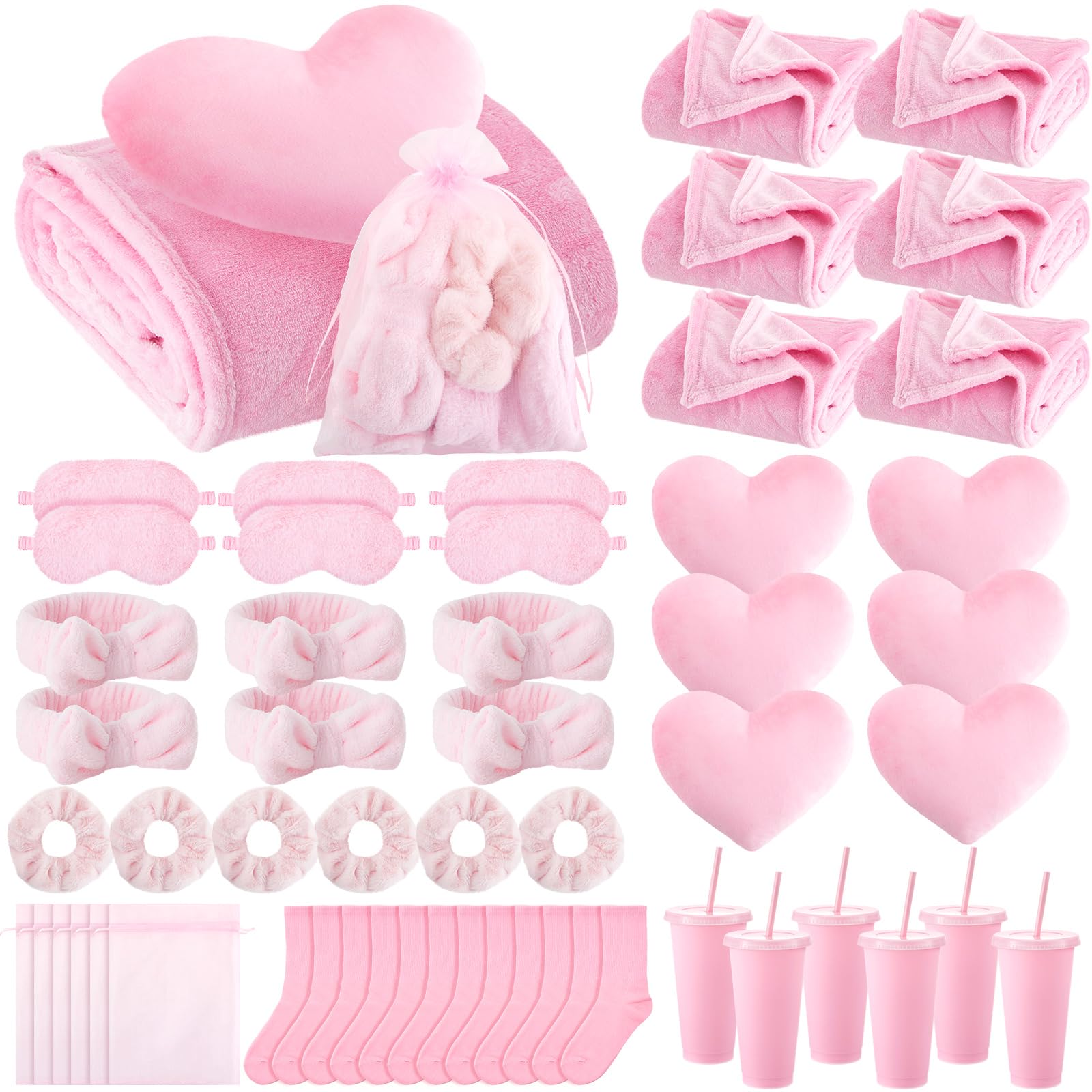 Photo 1 of Fanfanwin 48 Pcs Sleepover Party Supplies Spa Birthday Slumber Party Favors 6 Throw Blanket 6 Headband 6 Heart Pillow 6 Scrunchies 6 Sleep Eye Mask 6 Organza Bag 6 Straw Cup 6 Pair Socks(Pink)