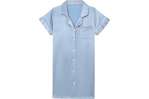 Hupohoi Girls Satin Pajamas Dress Button Down Silky Sleepwear Nightgown Short Sleeve Nightshirt Dresses