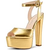NobleOnly Platform Heels for Women Platform Sandals Chunky Heel Peep Open Toe Ankle Strap Sandals Wedding Party Prom Shoes 5.9 Inches Heels