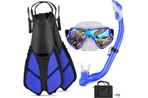 AosDero Kids Snorkeling Set - Adjustable Flippers + Panoramic Snorkel Mask + Dry Snorkel Tube + Travel Bags - Suitable for Kids & Juniors, Age 5-14