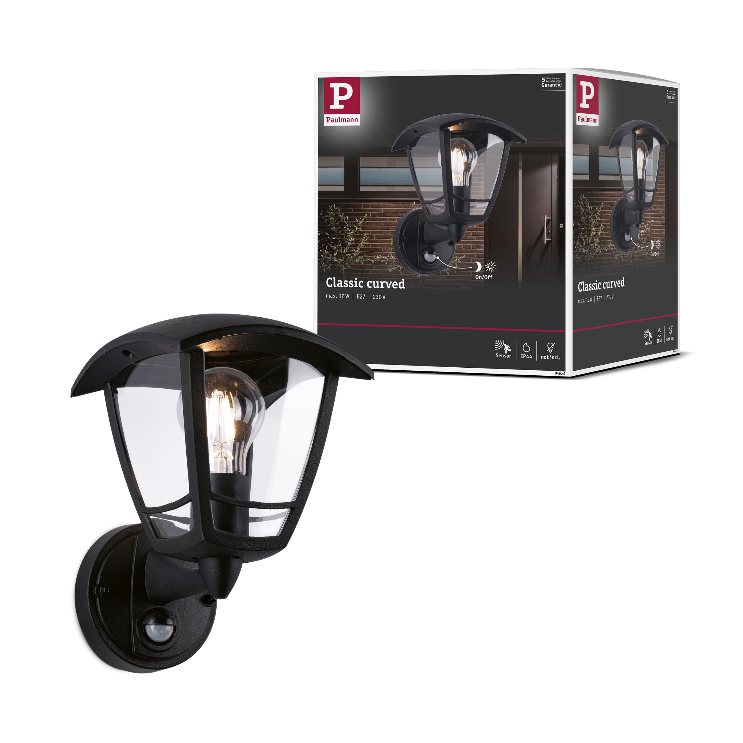 Paulmann Classic Curved 94647 Outdoor Wall Light with Motion Sensor IP44 Square Max. 12 W Black Plastic Garden Light E27