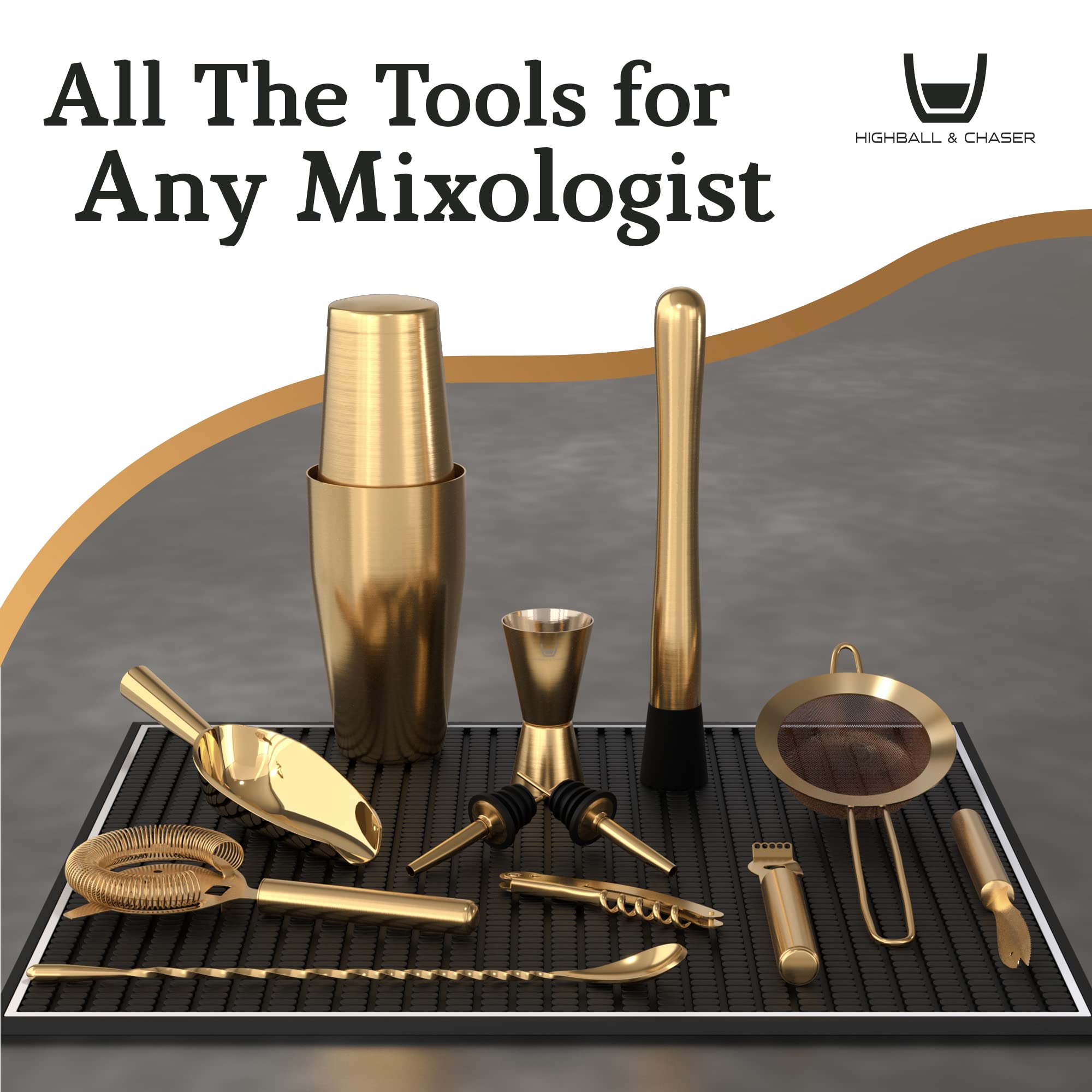 Highball & Chaser Bartender Kit with Black Bamboo Stand Beautiful Cocktail Shaker Set and Bar Tools Stainless Steel Boston Shaker Bartender Kit with Stand (Antique Gold)