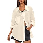 Darong Women's Button Down Long Sleeve Shirts Cotton Blend Casual Oversized Boyfriend Loose Fit Blouse Top