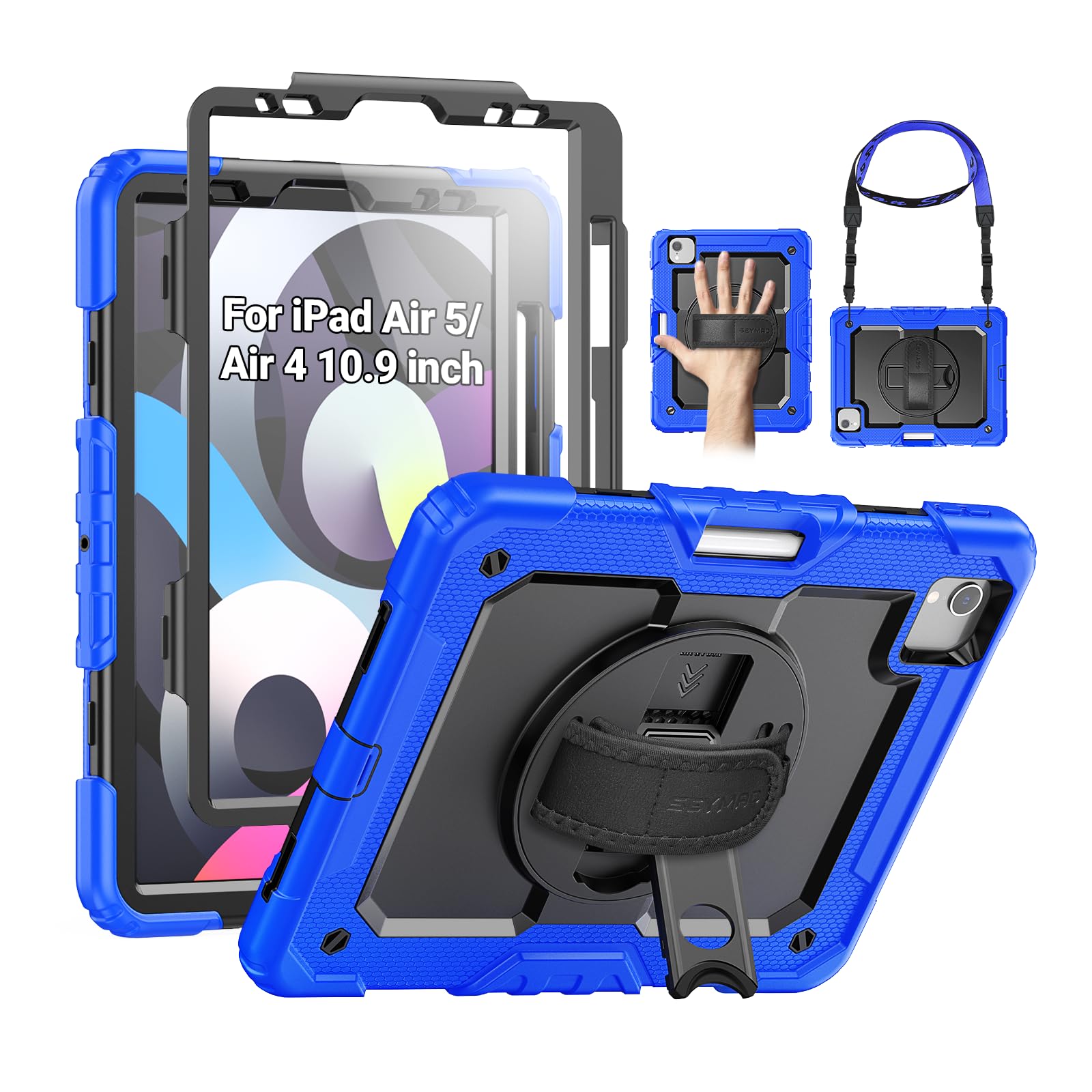 Photo 1 of SEYMAC for iPad Air 5th/ 4th Generation Case 10.9 Inch, Full-Body Shockproof Protective Case with Screen Protector, Rotating Stand/Handle/Shoulder Strap/Pencil Holder for iPad Air 5/ Air 4, Blue