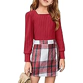 Haloumoning Girls Skirt Sets Fall Outfits Jacquard Long Sleeve Tops Plaid Skirts Shorts 2 Piece Clothing Sets 4-12Y