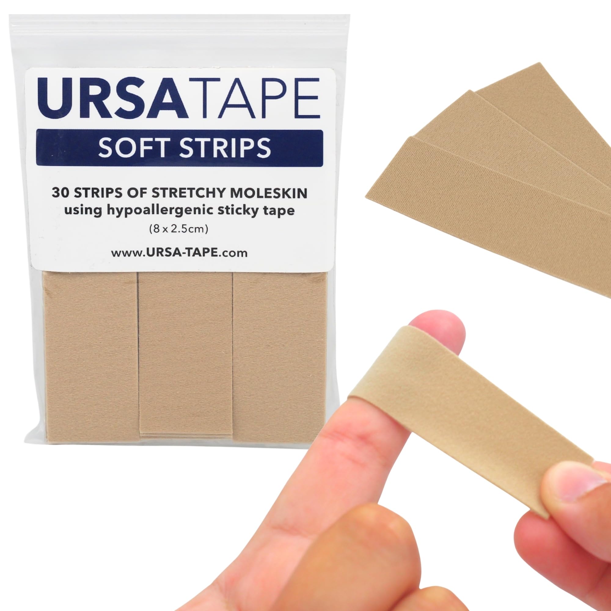 URSA Tape Soft Strips - Pack of 30 (Beige) | Stretchy Moleskin Fabric Tape | Heavy-Duty Blister Prevention Strips | No-Residue Bandages for Feet & Body | Adhesive Padding | 8 x 2.5 cm