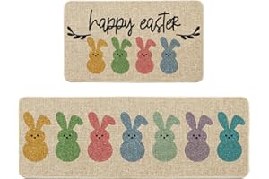 Artoid Mode Happy Easter Rabbits Decorative Kitchen Mats Set of 2, Home Seasonal Spring Easter Holiday Holiday Party Low-Profile Floor Mat - 17x29 and 17x47 Inch