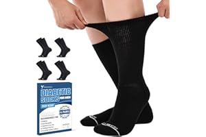 Frelimiu Diabetic Socks for Men, Seamless Crew Socks with Non Binding,Soft Cushioned Sole Sock with Loose Top, Diabetes Sock Men for Neuropathy, lymphedema, Edema, Swollen Feet, 4 Pairs,11-15(XL)