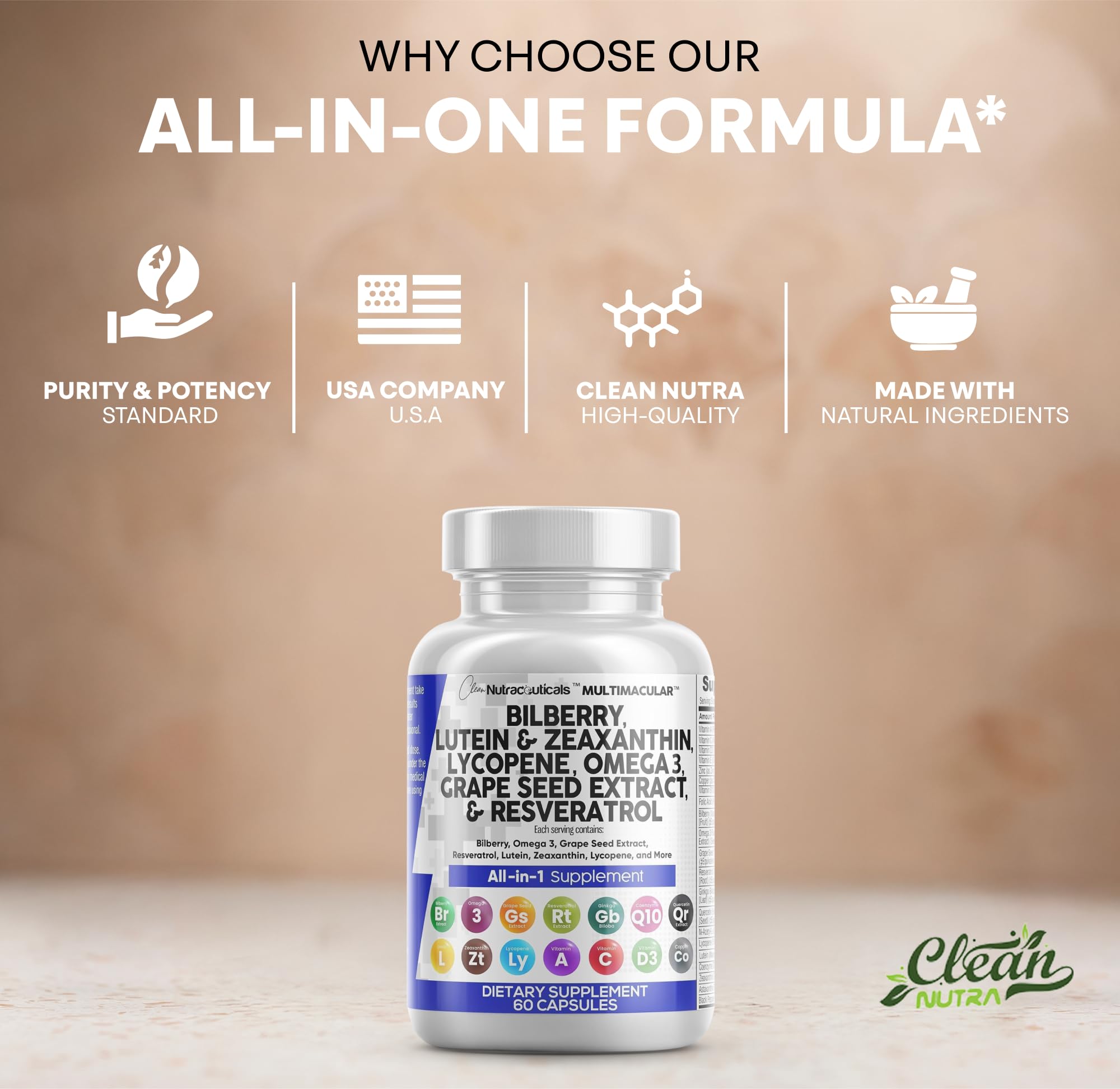Clean Nutra Eye Vitamins with Bilberry Lutein and Zeaxanthin Supplements Lycopene 40mg Resveratrol Grape Seed Astaxanthin for Eyes - Eye Care Health Support Eye Vitamin and Mineral Supplement