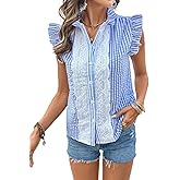 lluviacida Women's Striped Sleeveless Blouse Ruffle Collar Button Down Shirt with Lace Detail Loose Fit Summer Top