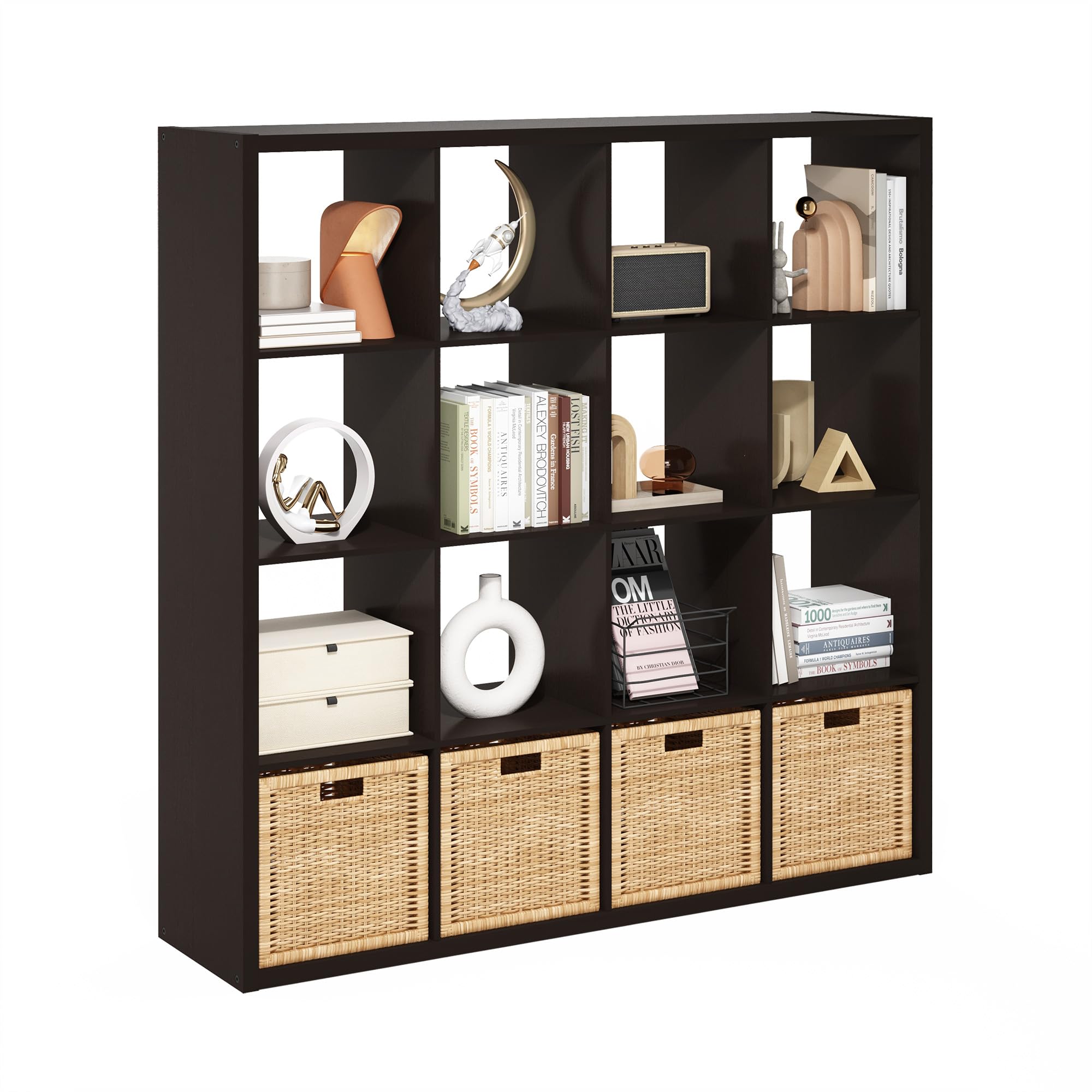Photo 1 of **MINOR DAMAGE TO SOME CORNERS**Furinno Cubicle Open Back Decorative Cube Storage Organizer, 16-Cube, Black Dark Oak