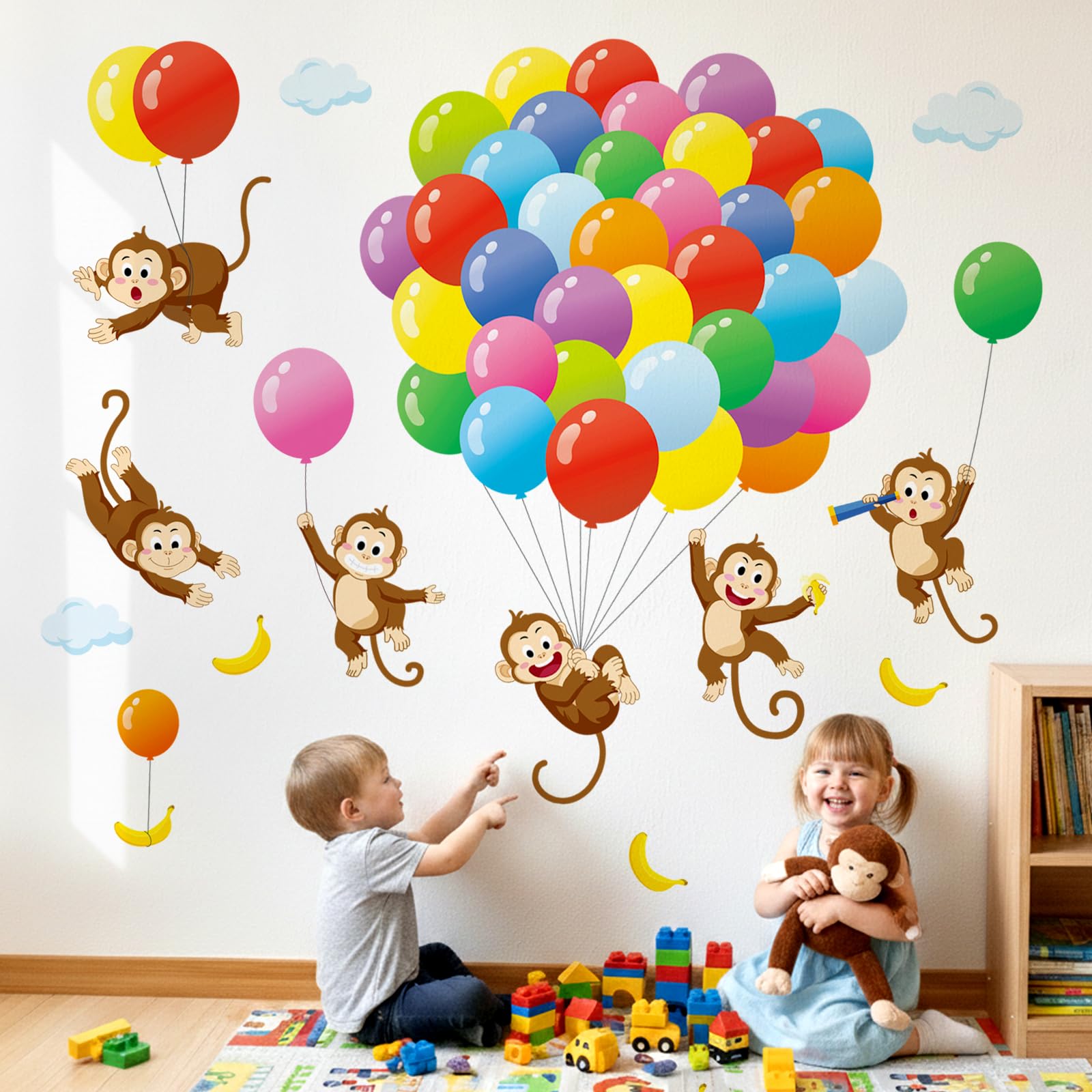 DECOWALL SG-2202 Balloons Monkey Wall Stickers Cartoon Monkeys Decals for Kids Children Baby Bedroom Nursery Living Room Art Home Decor Decoration Removable — image 1