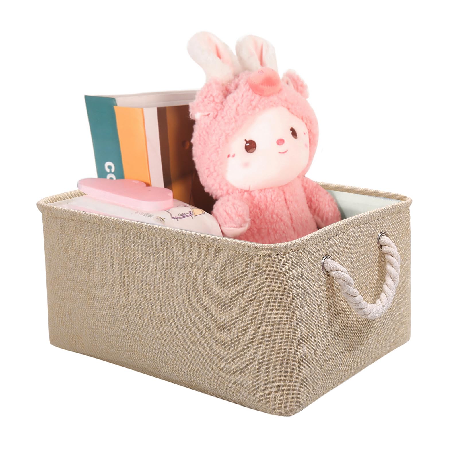Photo 1 of LordCom Storage Bins with Sturdy Cotton Handles(1 Pack), Fabric Storage Baskets for Organizing use for Office & Home, Book, Clothes, Toys, Closet Boxes (Small, Beige, 12.2x8.3x6.3 inches)