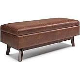 SIMPLIHOME Owen 48 inch Wide Mid Century Modern Rectangle Rectangular Storage Ottoman in Distressed Saddle Brown Vegan Faux L