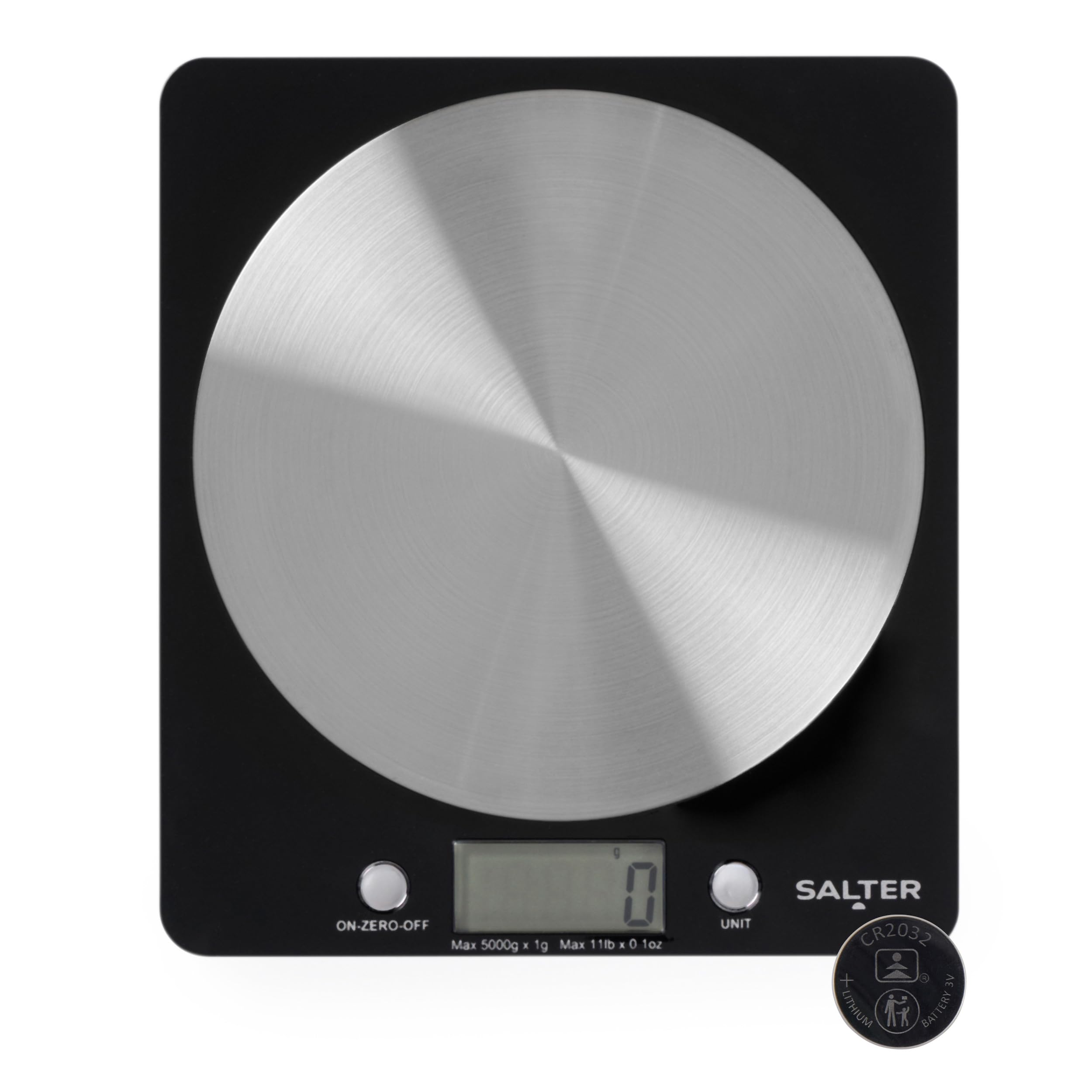 Salter 1036 BKSSDR Digital Kitchen Scale – Cooking & Baking Scales for Food Weight, Stainless Steel Weighing Platform, 5KG Capacity, Tare Function, Large LCD Easy Read Display, Measure Liquids, Black