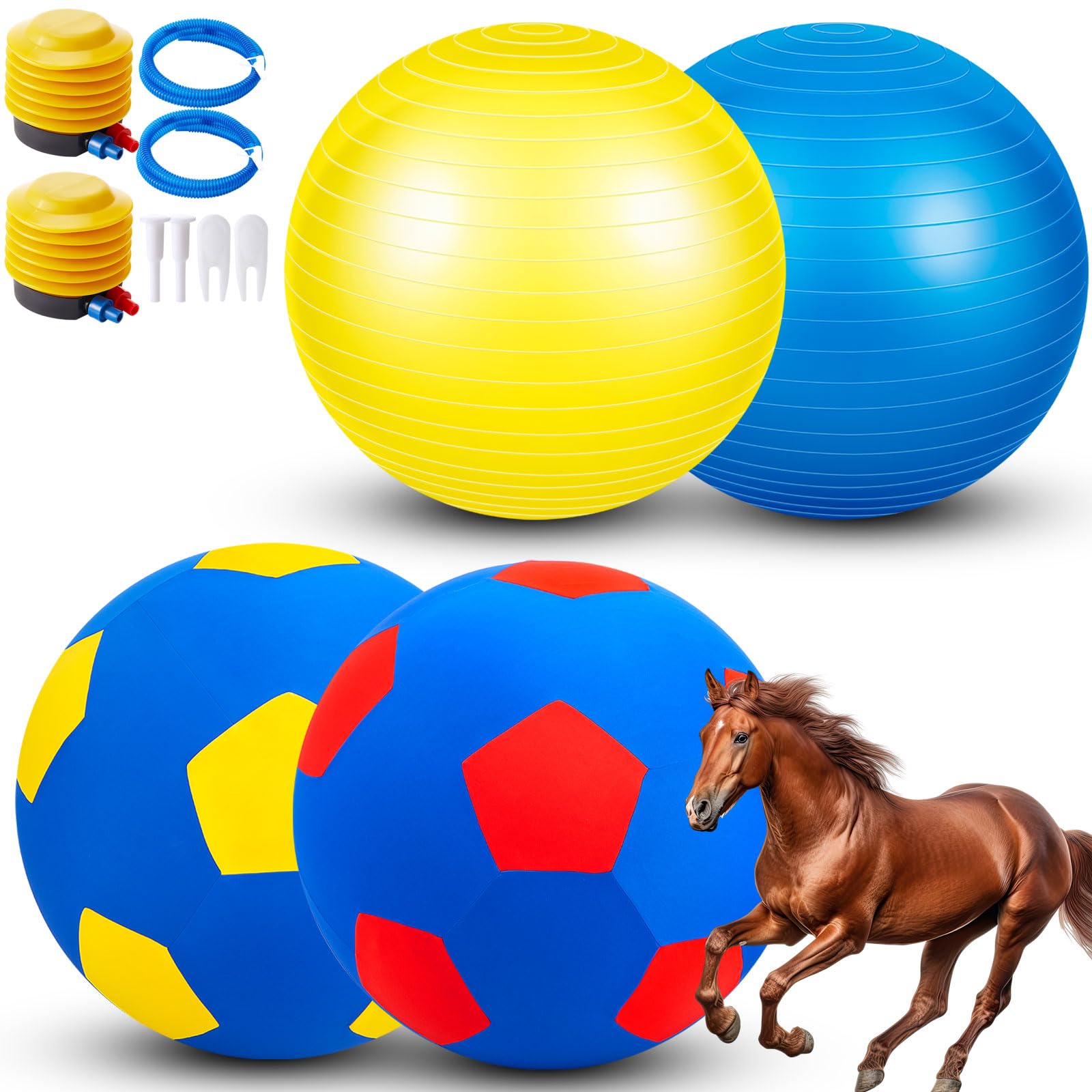 Photo 1 of Suilung 2 Set Giant 40" Herding Ball with Cover Anti Burst, Waterproof Durable Large Horse Toy, Please Watch VCR for Inflating Horse Toys for Equine Pasture Stall Outdoor, Pump Included(Blue, Yellow)