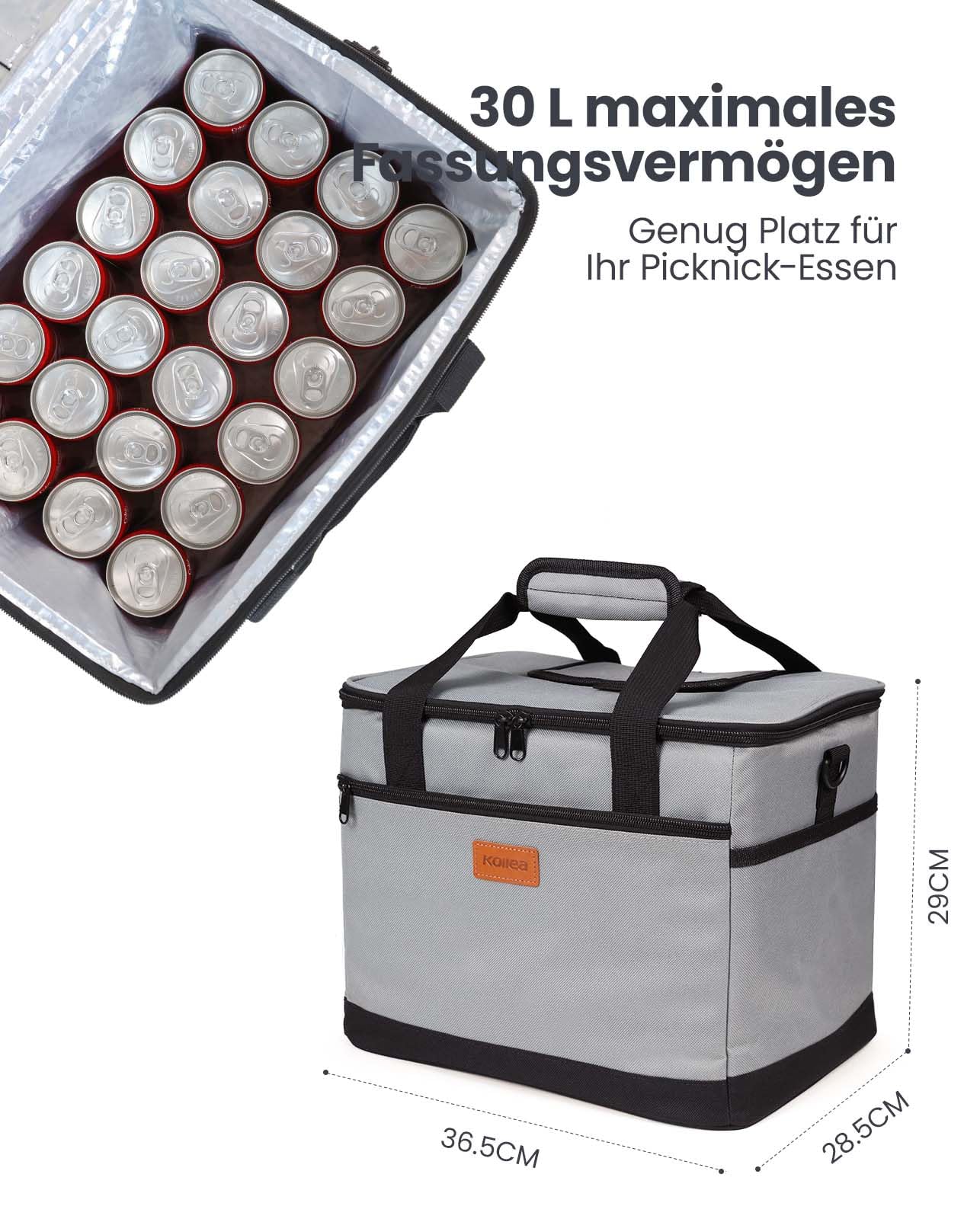 Kollea Kühltasche - 30L Picknicktasche - Isoliertasche - Lunchtasche Hält warm und kalt, Auslaufsicher, Mit Tragegurten, Mehrere Taschen - Ideal für Reisen, Camping, Grillen, Lebensmitteltransport 2