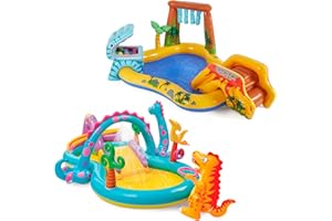 Intex Dinoland Play Center Kiddie Inflatable Pool and Dinosaur Water Splash Swimming Pool with Water Sprayers, Waterfalls, Slides, and Games