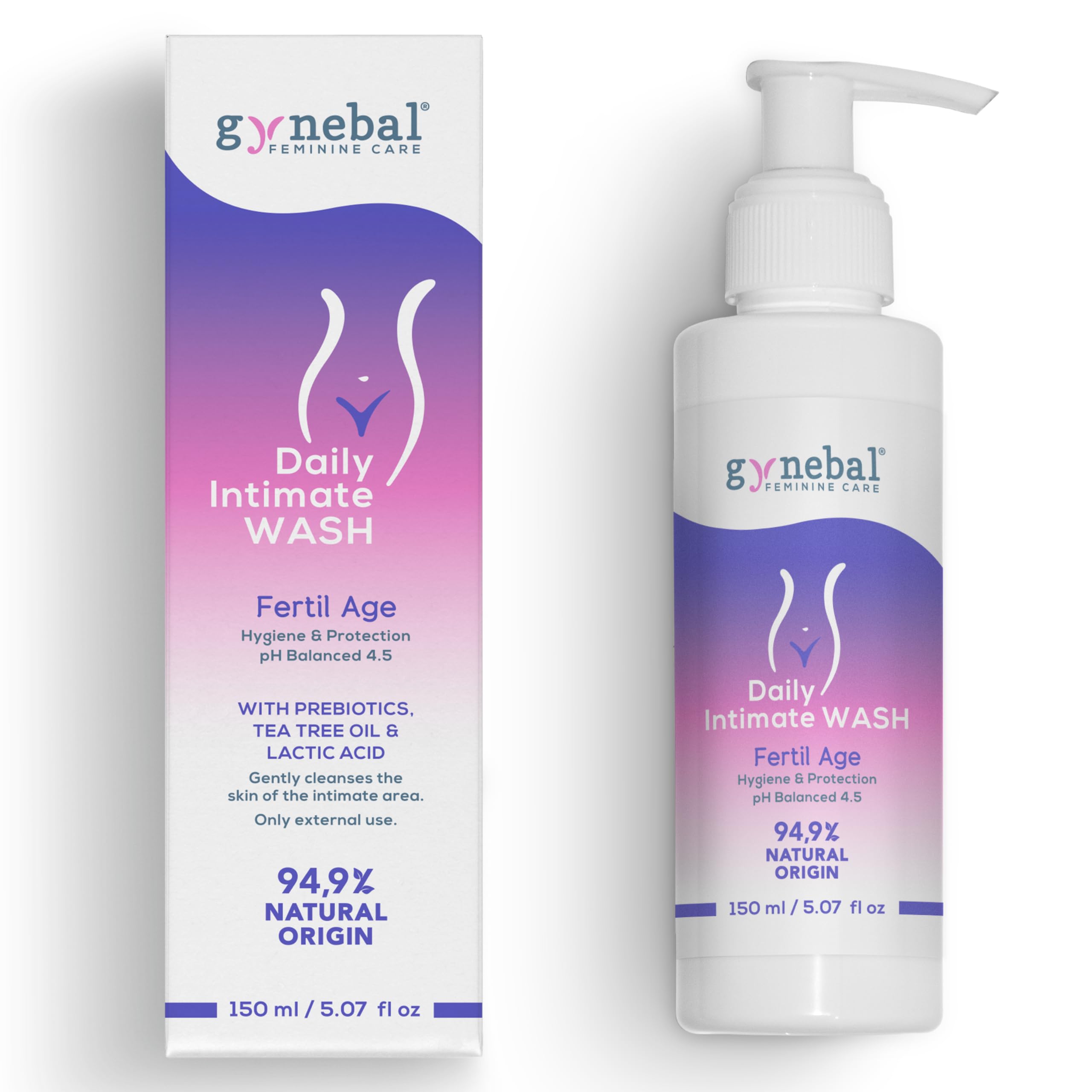GYNEBAL Intimate Wash Women Gel for Ladies in Fertile Age - Purifying, Moisturising, Prevent Feminine Dryness - With PREBIOTICS for Balance and Healthy Flora - PH 4.5-150 ml