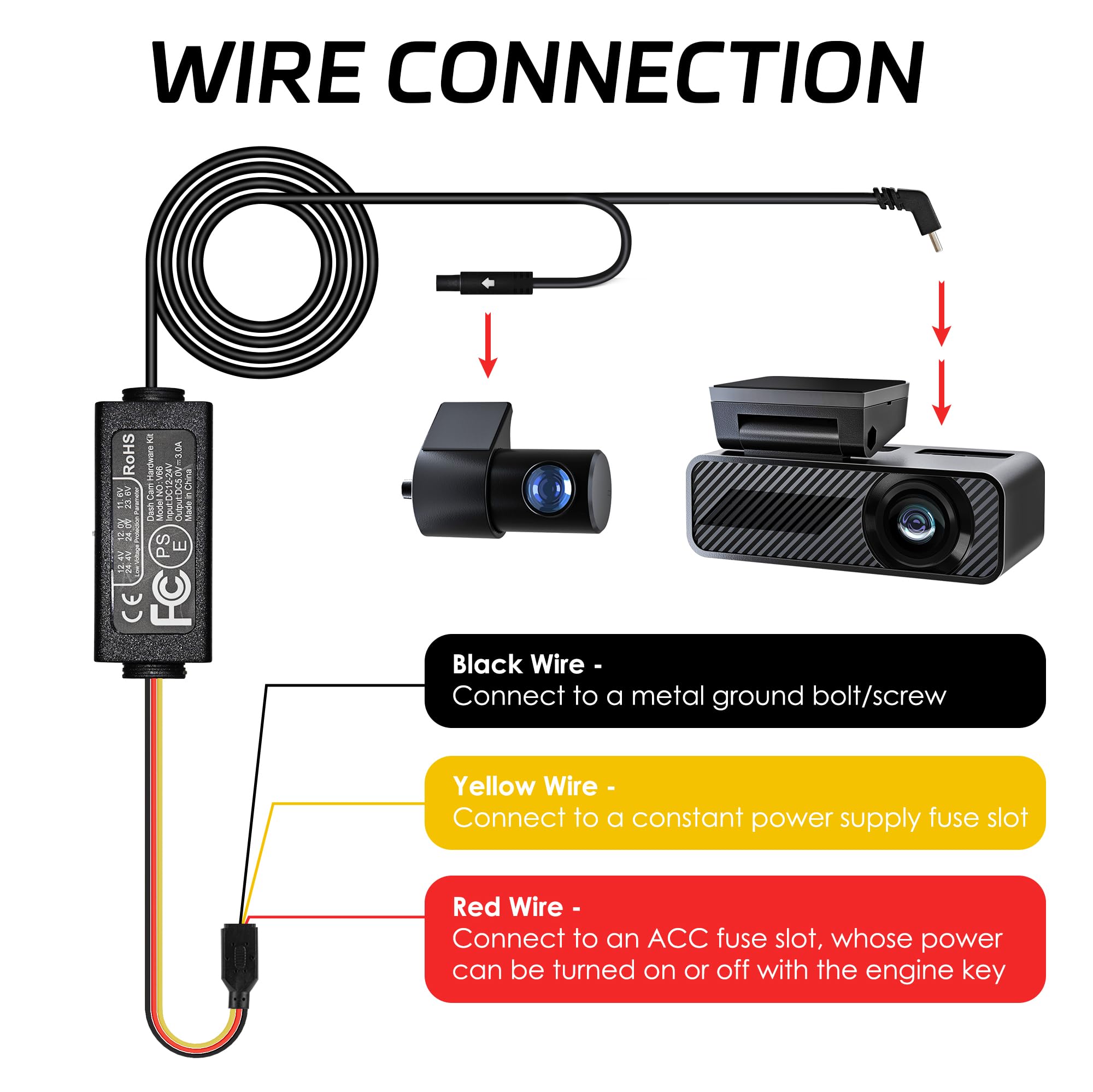 Pelsee Dash Cam Hardwire Kit, Full Set Hard Wire Kit Fuse for P1 Duo Dash Cam Only, 12V-24V to 5V Car Dash Camera Charger Power Cord, 4 Fuse Cable and Installation Tool