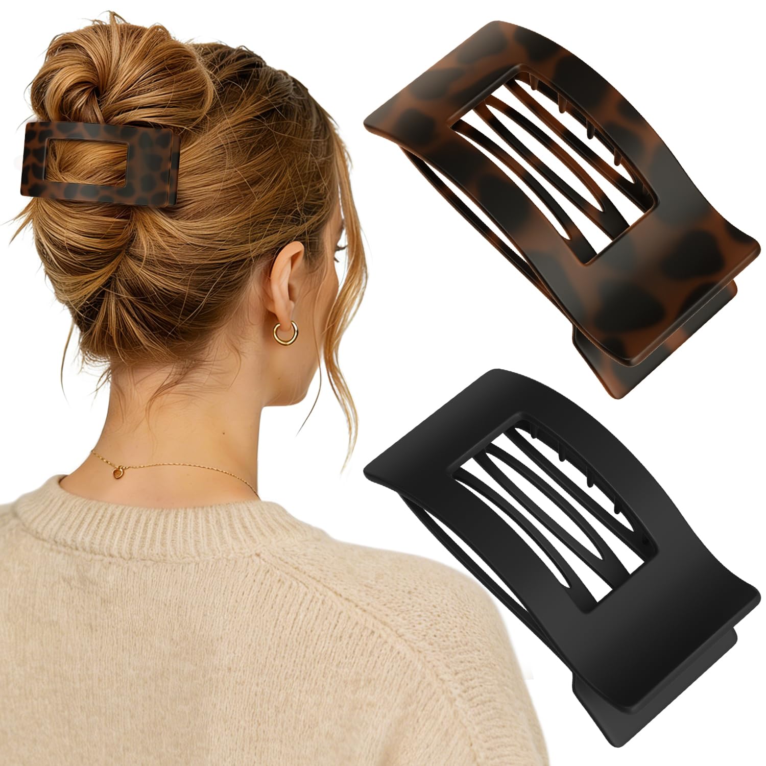 Photo 1 of 2 PCS Flat Hair Clips for Women - French Rectangle Large Flat Claw Clips for Thick Thin Hair, Comfortable Curved Lay Down Duckbill Clips, Matte Non-slip Strong Hold Hair Accessories, Tortoise & Black
