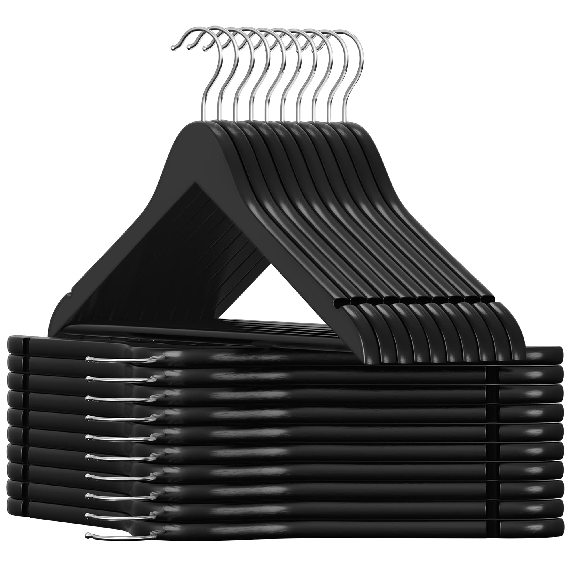 SONGMICS Wooden Hangers, 20-Pack Wood Coat Hangers with Shoulder Notches, Swivel Hook, Non-Slip for Jackets, Shirts, Suits, Black and Silver UCRW02B-20 Image